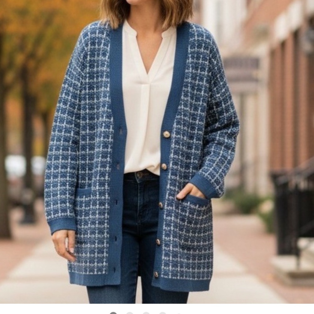 TALBOTS PURE MERINO WOOL BLUE/GREY PLAID LONG LINE V-NECK POCKETS CARDIGAN LARGE